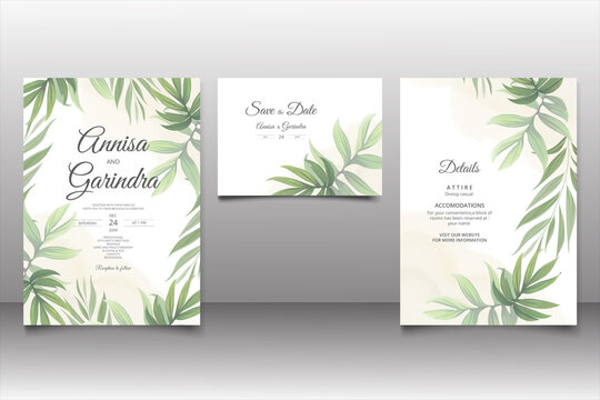  Wedding invitation card template set with beautiful tropical leaves Premium Vector