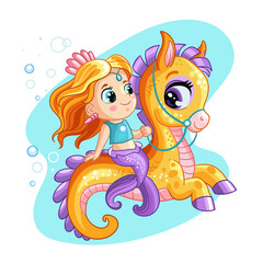 Cute mermaid riding on a sea horse vector cartoon illustration