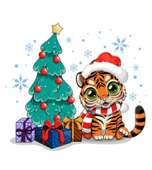 Cute cartoon Tiger near the Christmas tree