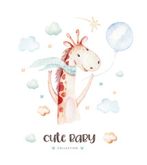 Watercolor set baby cartoon cute pilot aviation background illustration of fancy sky transport complete with airplanes balloons, clouds. childish Boy pattern. It's a baby shower illustration