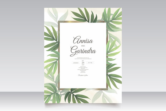  Wedding invitation card template set with beautiful tropical leaves Premium Vector