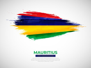 Grunge style brush painted Mauritius country flag illustration with Independence day typography