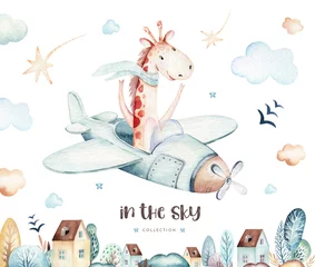 Wall murals Nursery Watercolor set baby cartoon cute pilot aviation background illustration of fancy sky transport complete with airplanes balloons, clouds. childish Boy pattern. It's a baby shower illustration