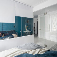 Bedroom with glass walls and doors