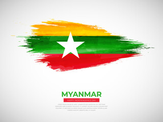 Grunge style brush painted Myanmar country flag illustration with Independence day typography