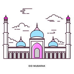 Flat Line Design. Eid Mubarak greeting large Mosque illustration with clouds