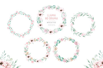 Watercolor boho floral wreath. Bohemian natural frame: leaves, feathers, flowers, Isolated on white background. decoration illustration. Save the date, weddign design, valentine's day