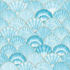 Watercolor sea shell seamless pattern. Hand drawn seashells texture vintage ocean background - 437062254