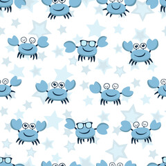 Seamless pattern with funny smiling crab and stars.