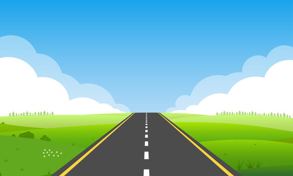 Road or highway in nature or countryside landscape with meadows, fields, green grass, hills, blue sky and horizon line. Summer or spring background with asphalt way. Vector illustration.