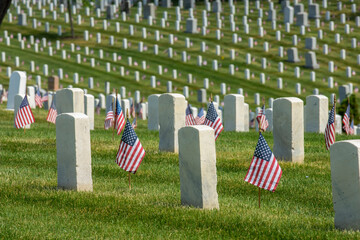 Small American flags mark every grave during   Memorial Day weekend  at Arlington National Cemetery, Arlington, VA.
