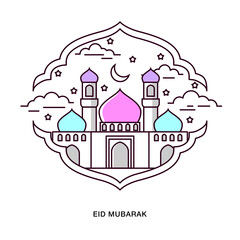 Naklejka premium Flat Line Design. Eid Mubarak greeting Mosque illustration inside decoration