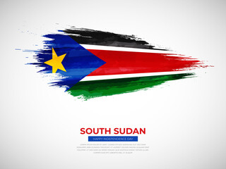 Grunge style brush painted South Sudan country flag illustration with Independence day typography