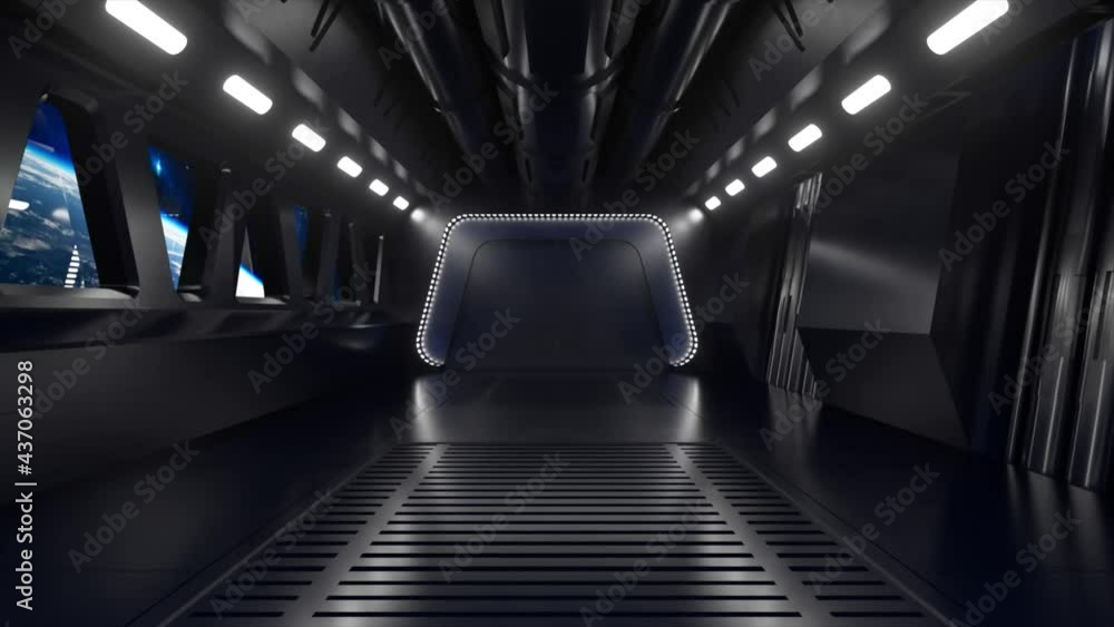 Poster sci-fi tunnel in outer space with neon light. planet earth outside the window of the spaceship. spac