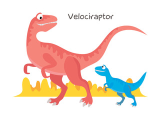 Vector cartoon dinosaur with baby isolated on white background. Velociraptor.