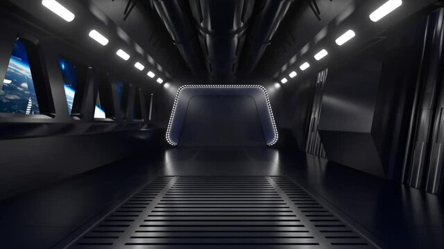 Sci-fi tunnel in outer space with neon light. Planet Earth outside the window of the spaceship. Space technology concept. 3d animation of a seamless loop