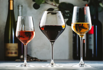 Wines assortment. Red, white, rose wine in wineglasses and bottles on gray background. Wine bar, shop, tasting concept