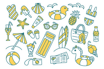Summer travel, holiday and vacation doodle set isolated on white background. Hand drawn beach vector objects. For wrapping, package, poster, web design, fabric. Sunglasses, inflatable unicorn and duck