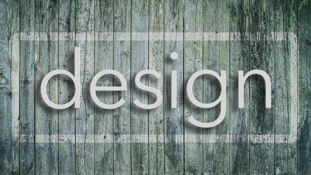 Animation of signed and design words on vintage wooden background, seamless loop in 4K UHD