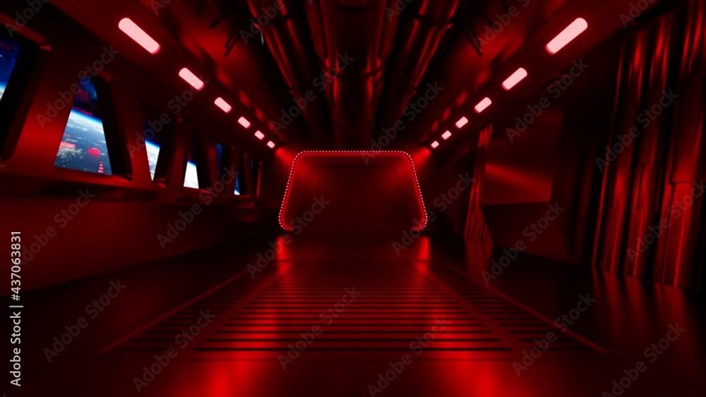 Poster sci-fi tunnel in outer space with neon light. planet earth outside the window of the spaceship. spac