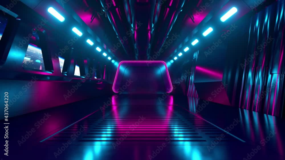 Poster sci-fi tunnel in outer space with neon light. planet earth outside the window of the spaceship. spac