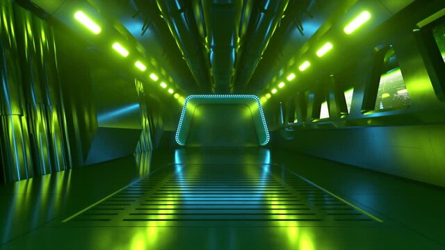 Sci-fi tunnel in outer space with neon light. Planet Earth outside the window of the spaceship. Space technology concept. 3d animation of a seamless loop