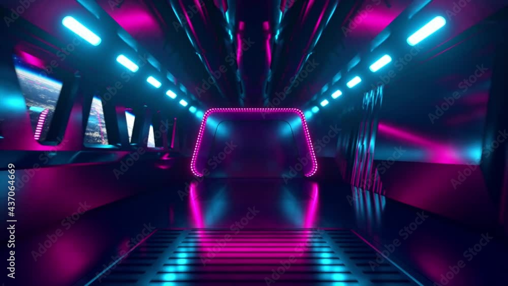 Poster sci-fi tunnel in outer space with neon light. planet earth outside the window of the spaceship. spac