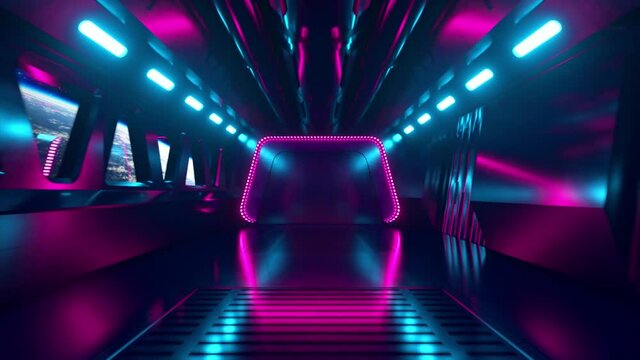 Sci-fi tunnel in outer space with neon light. Planet Earth outside the window of the spaceship. Space technology concept. 3d animation of a seamless loop