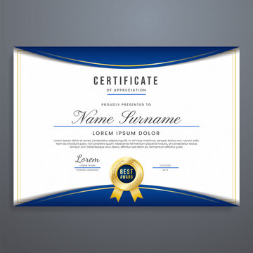 Multipurpose certificate layout template, border design vector with blue and gold colors, can be used for appreciation, attendance, diploma, etc.
