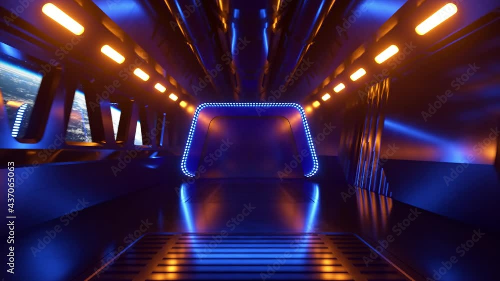 Poster sci-fi tunnel in outer space with neon light. planet earth outside the window of the spaceship. spac