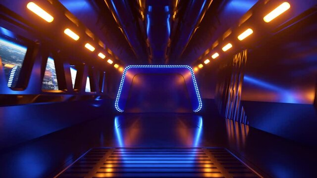 Sci-fi tunnel in outer space with neon light. Planet Earth outside the window of the spaceship. Space technology concept. 3d animation of a seamless loop