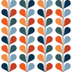 Abstract illustration of colorful retro style leaves pattern in red, navy blue, orange, light blue and turquoise colors on white background - 437065270