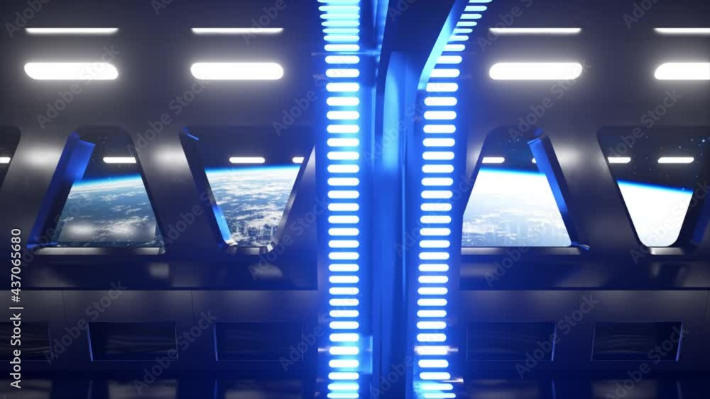 Poster sci-fi tunnel in outer space with neon light. planet earth outside the window of the spaceship. spac