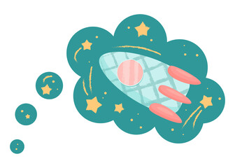 Adorable cute cartoon rocket and stars in scandinavian style isolated on white. Think Speech Bubble. childish vector illustration for nursery or playroom or Bedroom posters, Print for kids textile