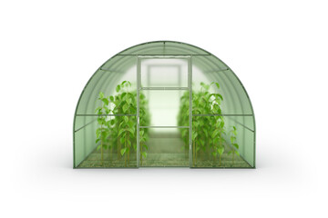 Farm greenhouse for growing plants, fruits, berries, vegetables, flowers. Visualization of a hotbed with green ripe plantings. Clipart. 3d rendering