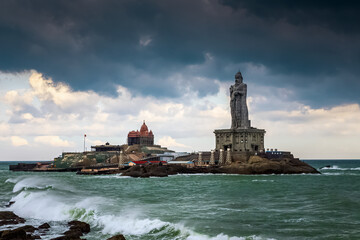 Beautiful dramatic sky clouds monsoon climate at Kanyakumari beach Tamilnadu, South India.