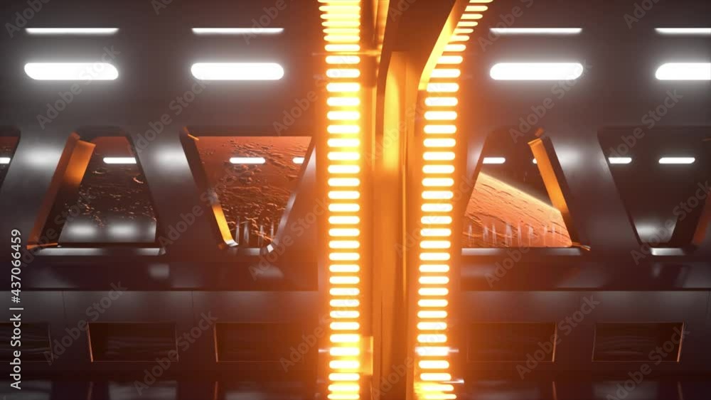 Poster sci-fi tunnel in outer space with neon light. planet mars outside the window of the spaceship. space