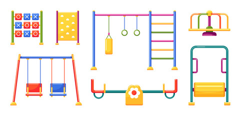 Sports and entertainment equipment for playground. Carousel, swing, seesaw, horizontal bar, game module noughts and crosses, climbing wall and treadmill drum. 