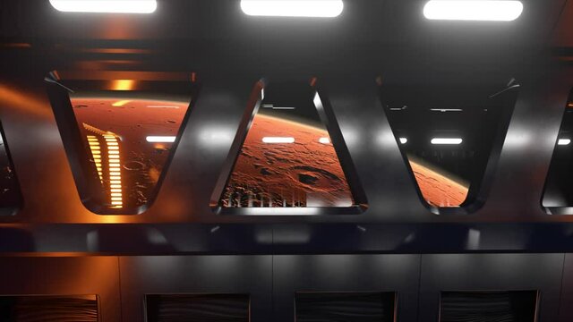 Sci-fi tunnel in outer space with neon light. Planet Mars outside the window of the spaceship. Space technology concept. 3d animation of a seamless loop