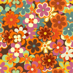 Colorful Floral Vector Seamless Pattern. Retro 70s Style Nostalgic Fashion Textile Bold Background. Summer Resort Print. Daisies. Flower Power - 437067010