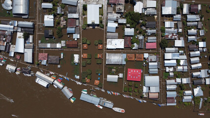 Aerial view of a big flood in Careiro da Varzea, near the city of Manaus, Amazonas state, during the rise of Negro River waters due to heavy rains and La Nina phenomenon in Brazil.