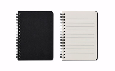 Top view closed and opened image of spiral blank notebook or black notepad isolated and white...