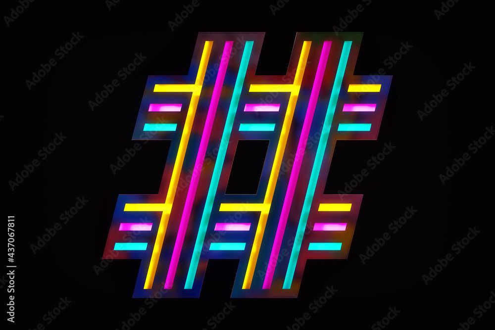 Poster luminous pop art style hashtag sign. high definition 3d rendering.
