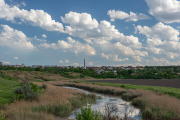 Fototapeta na wymiar landscape of river and cloudy sky on rustic background