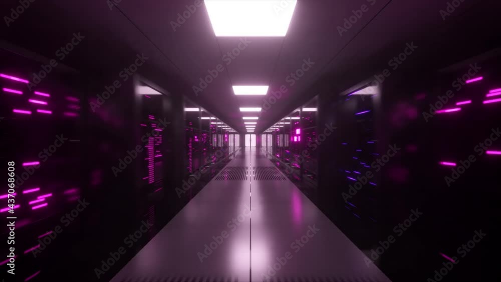 Poster digital data transmission to data servers behind glass panels in a data center server room. high spe