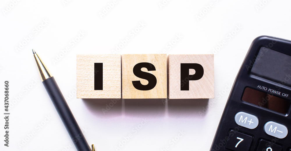Poster the word isp internet service provider is written on wooden cubes between a pen and a calculator on 