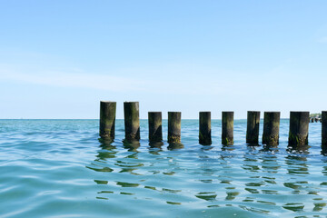 Groynes in the water of the Baltic Sea, blue water shines, the sun is shining, the perfect vacation day