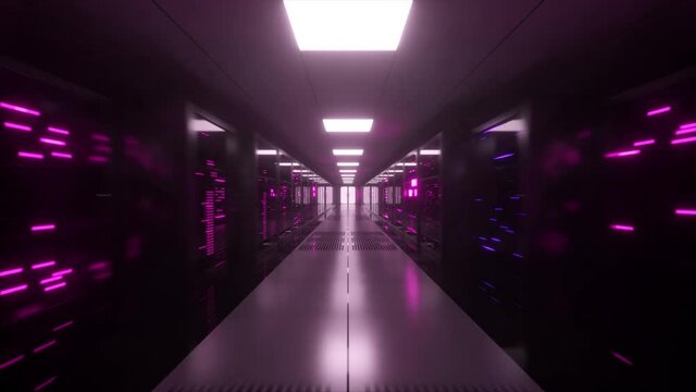 Digital data transmission to data servers behind glass panels in a data center server room. High speed digital lines.