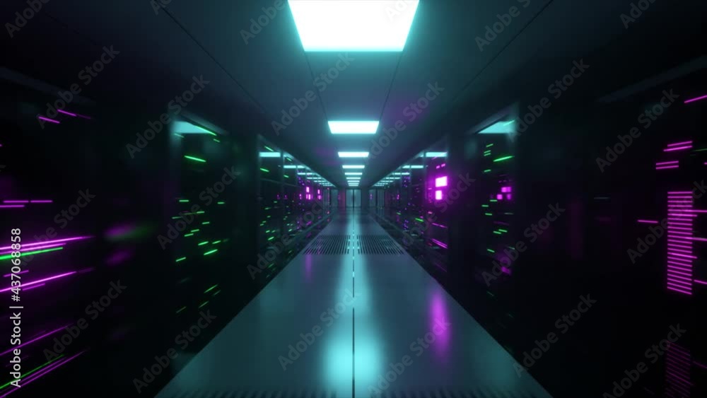 Poster digital data transmission to data servers behind glass panels in a data center server room. high spe