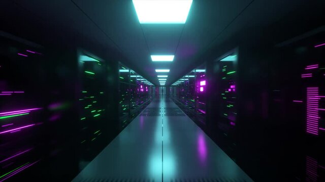 Digital data transmission to data servers behind glass panels in a data center server room. High speed digital lines.